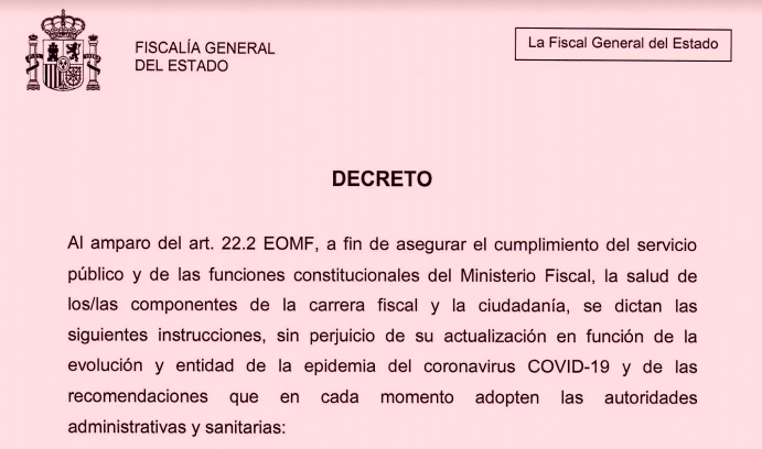 La Fiscalía General de España enfrenta al Covid-19 vía Decretos Emergencia