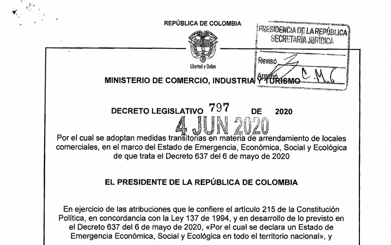 Colombia regula arrendamientos comerciales vía Decreto 797